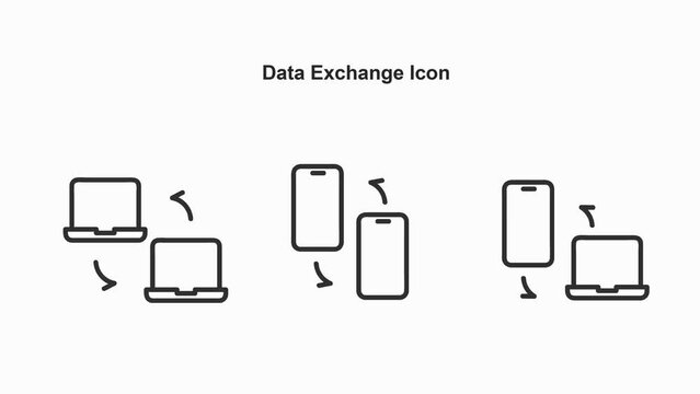 black thin linear icon animations representing data transfer with phone device or computer device icon and arrow icon animation, creative 4k video with white background.