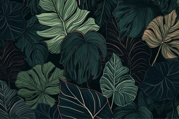 Seamless tropical pattern with vintage dark leaves, palm, and colocasia. Hand-drawn design for wallpapers, fabric printing, and goods. Generative AI - obrazy, fototapety, plakaty