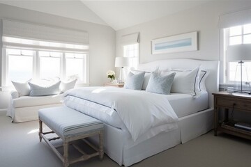 Serene coastal bedroom with a comforting white interior. Generative AI