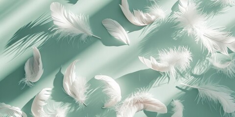 White feather on pastel mint background. Easter, New born baby, wedding elegant neutral background.  - obrazy, fototapety, plakaty