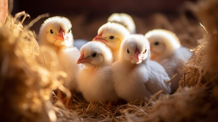 Little chicks in a brooder in macro view. Broiler chickens curiously peek into a scene that symbolizes rebirth and the fragility of life. Newly hatched chicks.