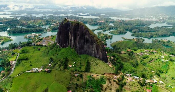 Drone shot showing El Penol in Guatape Medellin Colombia.