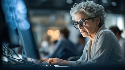 A old woman with glasses and glasses using computer in class