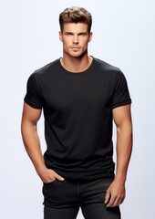 young male model in a black t-shirt on a white background