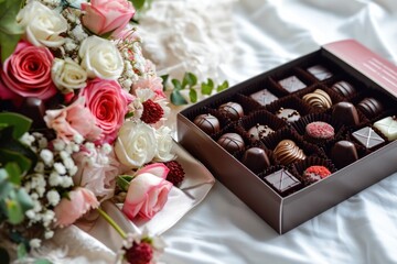 a box of expensive chocolate sweets next to a bouquet of flowers on a white tablecloth on the table 