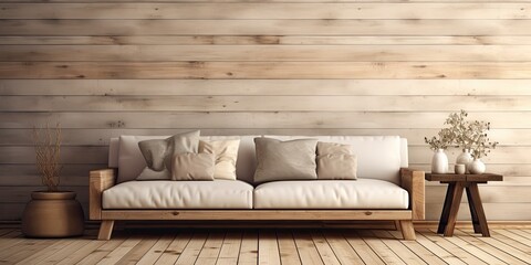 Wooden platform for decorating home interior with sofa.