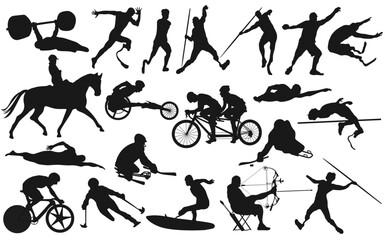 Set of 20 male athletes with disability vol.2. Cutout solid icons. Men sport player silhouettes vector illustration.
