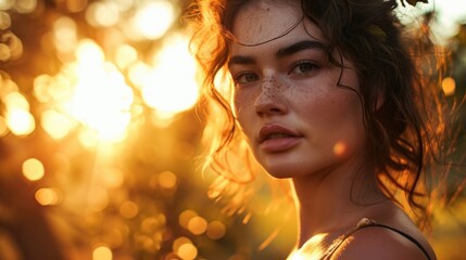 As the sun sets over the forest, the models delicate face is bathed in a warm, golden glow, making her appear like a goddess of nature.