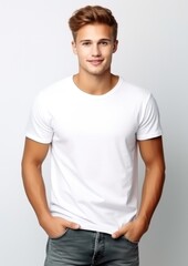 Fototapeta premium Man in white t-shirt and jeans standing on a white background