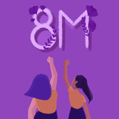 Ilustración día de la mujer, mujeres alzando el puño empoderadas, feminismo por el 8 de marzo con flores moradas y fondo morado