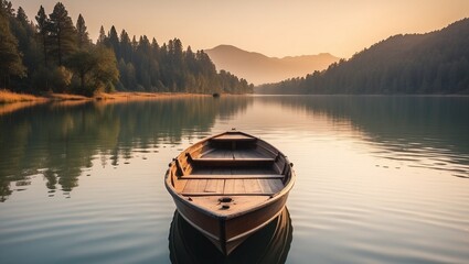 boat on the lake, sunset, vanishing point - obrazy, fototapety, plakaty