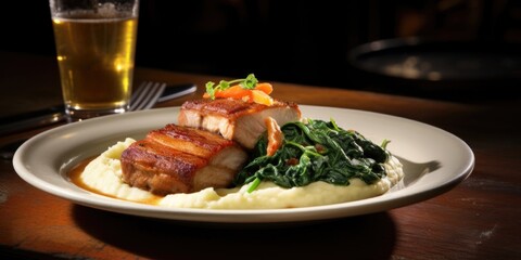 In this pictureperfect food shot, a tantalizing plate of Cider Avoid glazed pork belly steals the spotlight, served with a side of saut ed spinach and creamy mashed potatoes, creating a