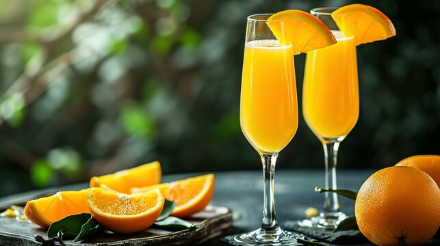 mimosa cocktail in flute glasses with orange slices on table