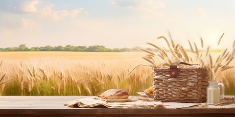 Shavuot mock-up with empty picnic basket on wooden table amidst wheat field. - obrazy, fototapety, plakaty