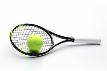 White background, 3D rendering of tennis racquet and ball. Generative AI