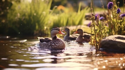 The soothing sound of water and the gentle movements of ducks and geese create a calming scene in a quaint farm pond, a perfect escape from the bustle of everyday life. - obrazy, fototapety, plakaty