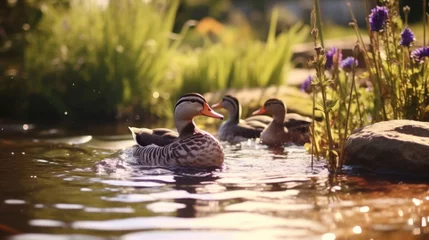 Fotobehang The soothing sound of water and the gentle movements of ducks and geese create a calming scene in a quaint farm pond, a perfect escape from the bustle of everyday life. © Justlight