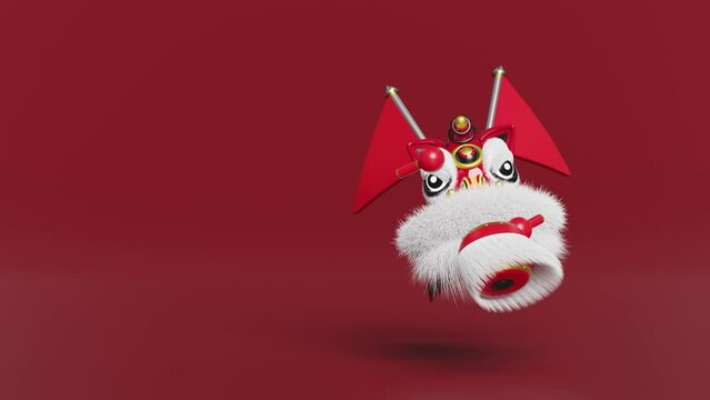 3d lion dance head with chinese drum, sticks, gold ingot for festive chinese new year holiday. 3d render illustration, alpha channel