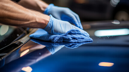 hand of a man in a blue glove cleaning a car with a microfiber cloth, washing and polishing the surface of the car