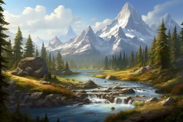Majestic peaks, cascading waterfall, serene lake, lush forest. Generative AI