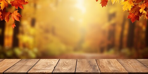 Naklejka na ściany i meble Vibrant autumn backdrop with an empty wooden table.