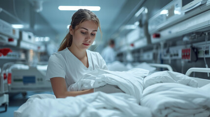 A nurse is cleaning the patient's bed linen. - obrazy, fototapety, plakaty