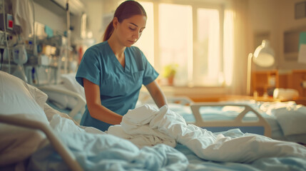 A nurse is cleaning the patient's bed linen. - obrazy, fototapety, plakaty