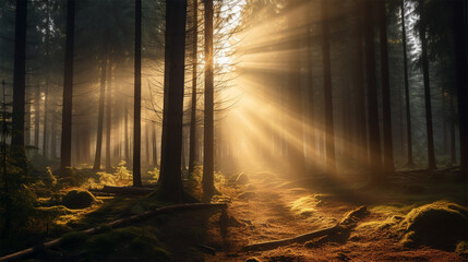 The sun's rays penetrate into the foggy forest .