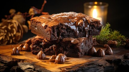 chocolate brownies filled with melted sweet chocolate on black background and blur - obrazy, fototapety, plakaty