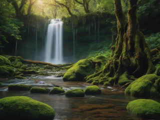 Fotobehang Mystic lush forest waterfall - - generated by ai © CarlosAlberto