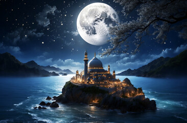 Ramadan kareem eid al fitr with holy gate of mosque with beautiful light at midnight full moon 