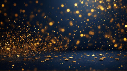 Abstract particle background with golden sparkling and glowing gold stars. Christmas glow on bokeh background. Gold foil texture background. - obrazy, fototapety, plakaty