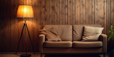 Large wooden lamp beside couch in room.