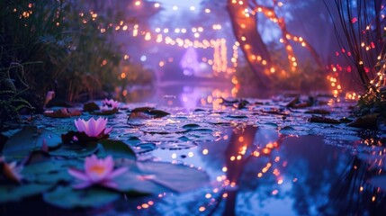 A neon pond filled with water lilies and surrounded by ling fairy lights creating a dreamy atmosphere
