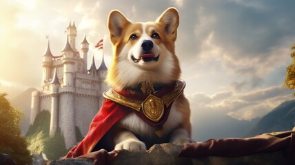 Generative AI Corgi the king in medieval castle pictures