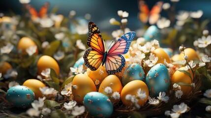 Easter day background with egg ornaments, butterflies and blurred background - obrazy, fototapety, plakaty