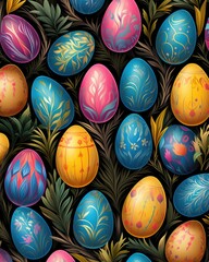 Fototapeta na wymiar Easter eggs with multicolored patterns on black background
