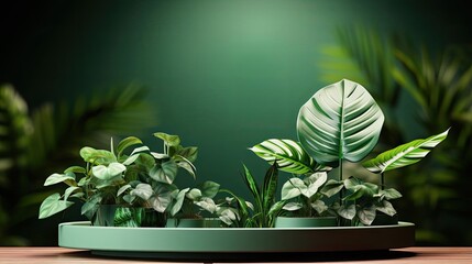 podium product stand or display with leaf, green background and cinematic light