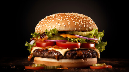 Commercial food photography; hamburger in the plain black background