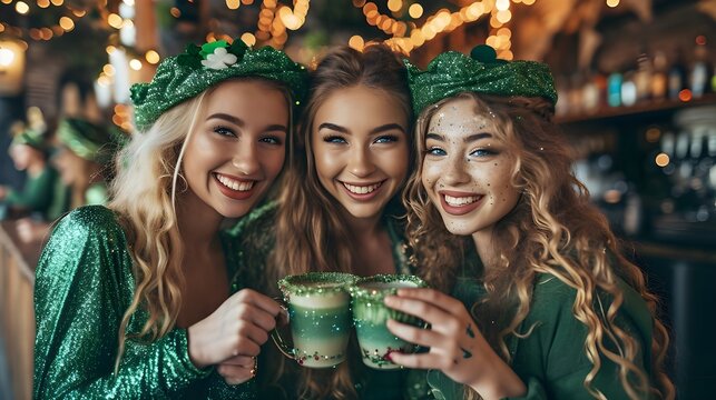 Portrait of three young women wearing St. Patrick's Day costumes, vibrant green outfits adorned with shamrocks and glitter,