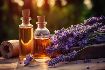 Obraz na płótnie Canvas Essential oils and lavender in sunlight