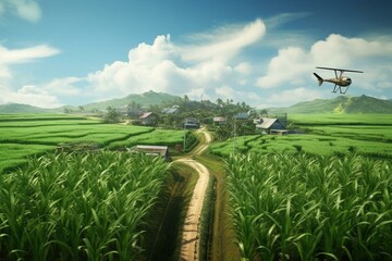 Aerial drone fertilizing sugar cane farm in 3D. Generative AI