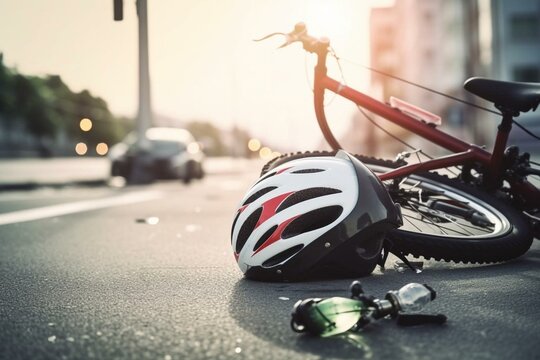 A bicycle accident on a city road with a broken bike and helmet, creating a dramatic incident. The image features a banner with copy space. Generative AI