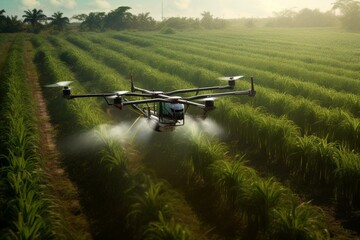 Aerial drone fertilizing sugar cane farm in 3D. Generative AI - obrazy, fototapety, plakaty