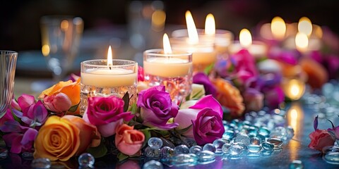 Wedding table adorned with vibrant flowers and a melting candle