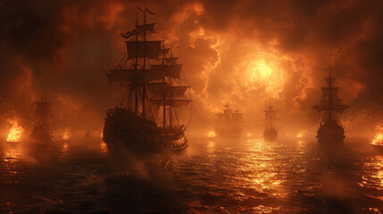 An old beautiful ship sails into the sunset.