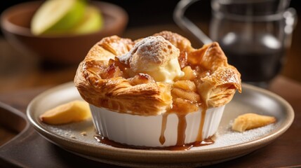 A stunning shot showcasing a mini apple pie baked in an individual ramekin, with the crust forming a perfect seal around the glistening apple filling, making it an ideal personalsized treat.