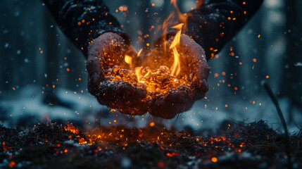 A man is holding fire in his hands. Trying to keep warm in the cold. Snowing. - obrazy, fototapety, plakaty