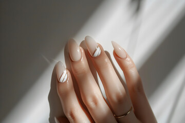 close-up shot of a female hand adorned with a geometric nail art masterpiece. minimalistic nail art. 