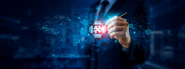 Technical Support Concept: Businessman Pointing to Technical Support Icon and Data for Global...
